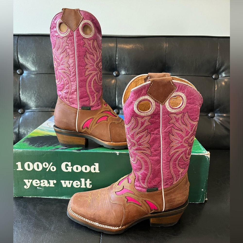 McAllen Boots Linea‎ Dorada Square Toe Boots Brown/Pink Sz 22.5 NWT
